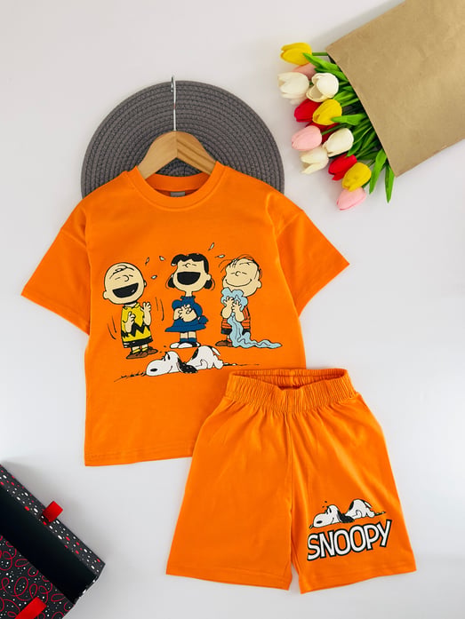 2406-5 Peanuts Baskılı Erkek Çocuk Şortlu Takım-TURUNCU