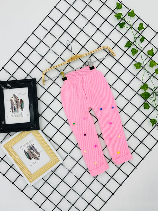 2409 Ponponlu Kız Çocuk Triko Pantolon-TOZ PEMBE