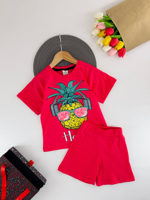 2417-9 Hello Yazılı Ananas Baskılı Kız Çocuk Şortlu Takım-FUŞYA