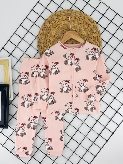 2450 Ayıcık Baskılı Kız Çocuk Penye Pijama Takım-SOMON