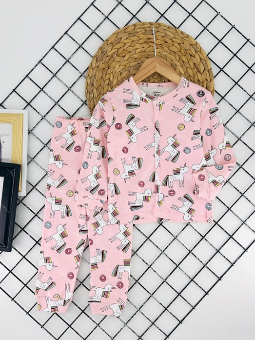 2453-1 Uncrn Baskılı Kız Çocuk Penye Pijama Takım-PEMBE