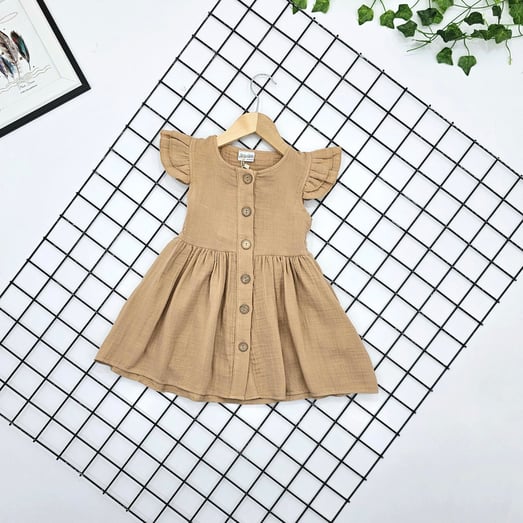 2472 Muslin Kumaş Önü Düğmeli Kız Çocuk Elbise-TABA