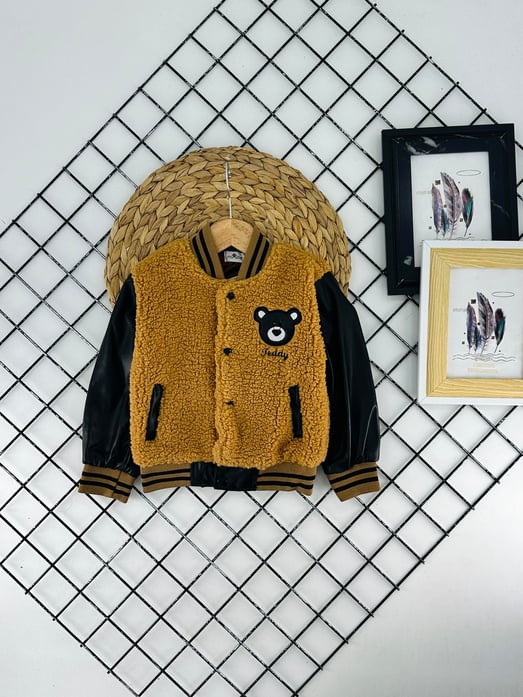 2505 Teddy Ayıcıklı Nakışlı Kolları Deri Kolej Erkek Çocuk Hırka-TABA