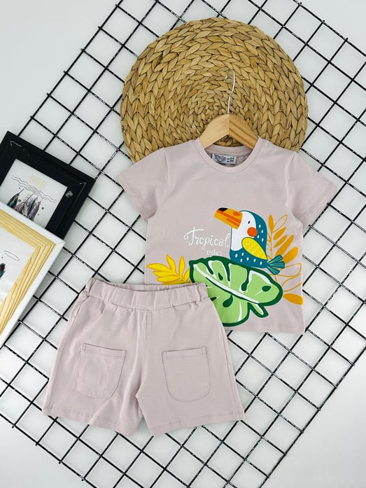 2509-1 Tropical Vibes Baskılı Kız Çocuk Takım-Lavanta