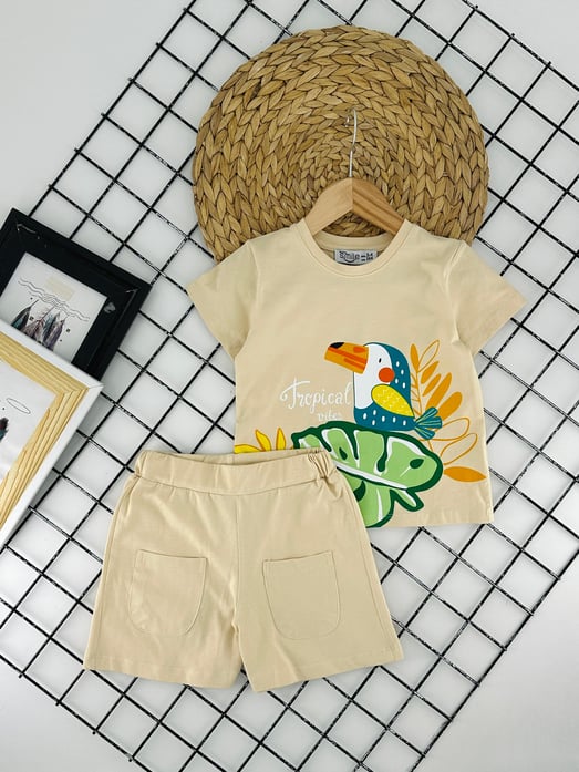 2509-1 Tropical Vibes Baskılı Kız Çocuk Takım-BEJ