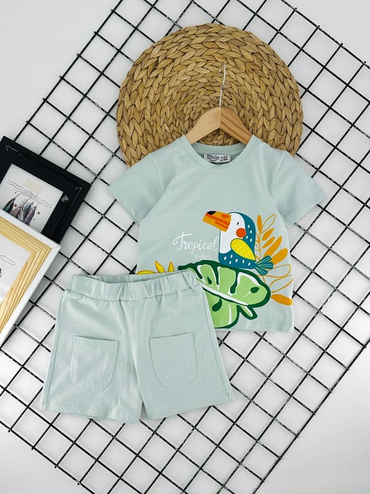 2509-1 Tropical Vibes Baskılı Kız Çocuk Takım-MİNT YEŞİL