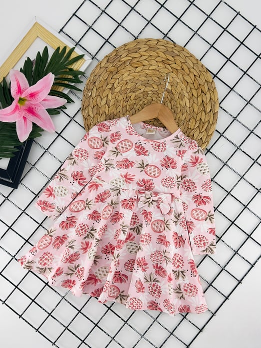 26361 Ananas Desenli Fiyonklu Kız Elbise-PEMBE