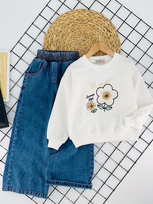 2641-1 Flower Çiçek Nakışlı Kız Çocuk Kot Pantolonlu Takım-KREM