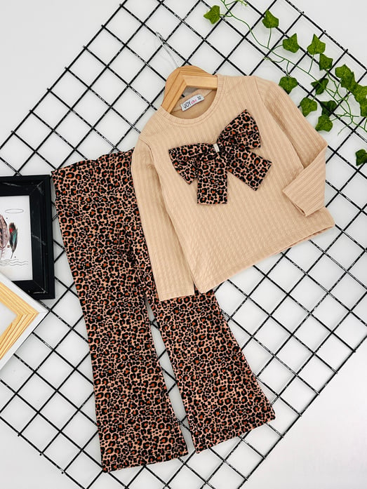 2649-2 Önü Fiyonklu Leopar Desenli Kız Çocuk Takım-BEJ
