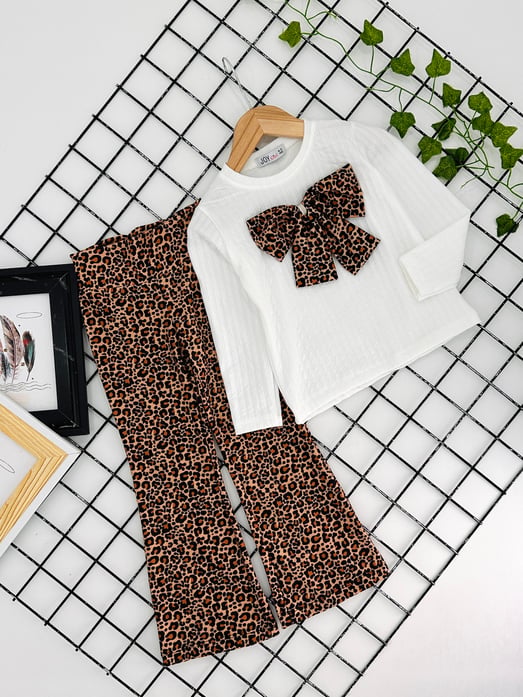 2649-2 Önü Fiyonklu Leopar Desenli Kız Çocuk Takım-BEYAZ