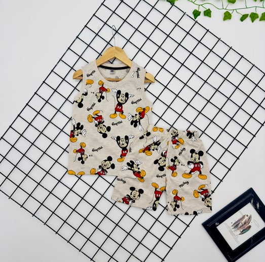 2703 Japone Kol Mickey Baskılı Erkek Çocuk Penye Şortlu takım-BEJ