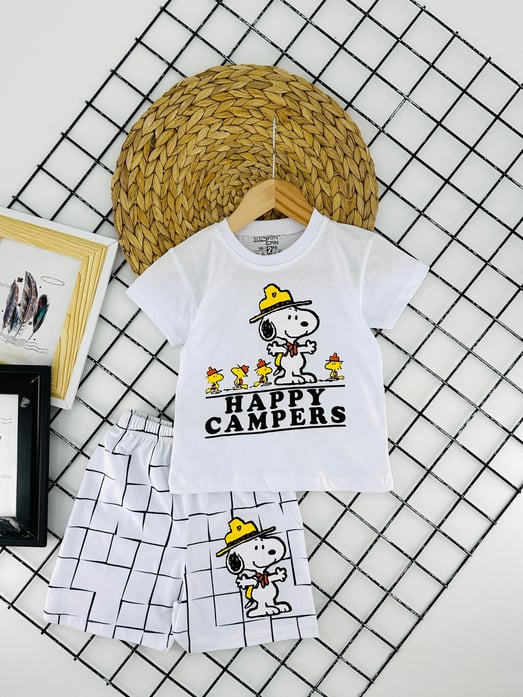 28030-5 Happy Campers Yazılı  Erkek Çocuk Penye Şortlu Takım-BEYAZ