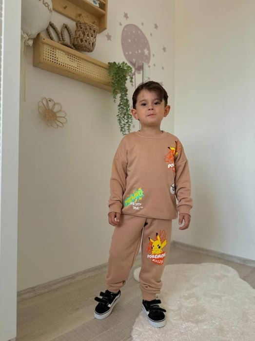 2818 Pkch Baskılı Yazılı Erkek Çocuk Şardonsuz 3 İplik Takım-BEJ