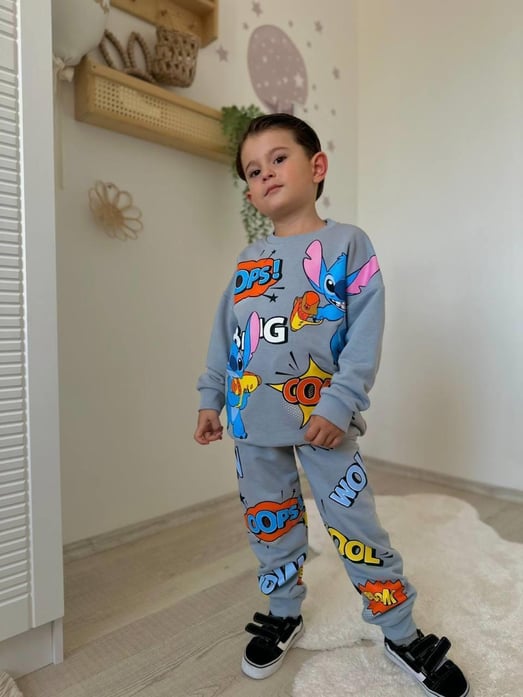 2854 Stch Baskılı Yazılı Erkek Çocuk Şardonsuz 3 İplik Takım-GRİ