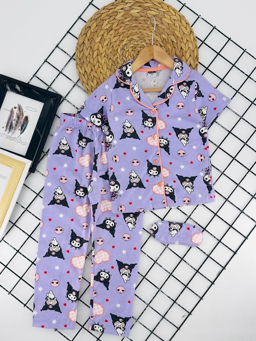 29000-1 Krm Baskılı Kız Çocuk Penye Kısa Kol Pijama Takım-LİLA