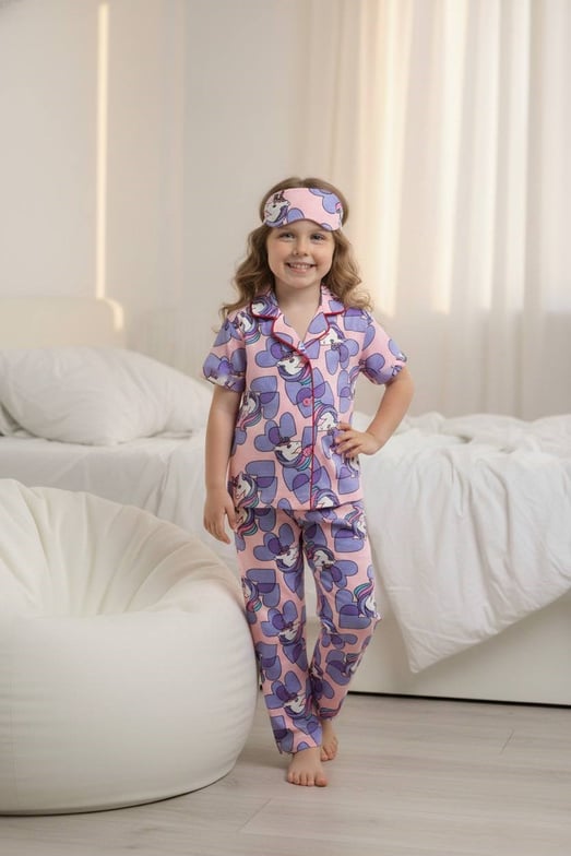 29000-11 Uncrn Kalp Baskılı Kız Çocuk Penye Kısa Kol Düğmeli Bandanalı Pijama Takım-PEMBE
