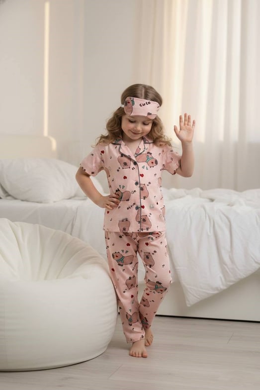 29000-13 Kapibara Kalp Baskılı Kız Çocuk Penye Kısa Kol Düğmeli Bandanalı Pijama Takım-SOMON