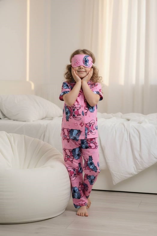 29000-15 Stck Kalp Baskılı Kız Çocuk Penye Kısa Kol Düğmeli Bandanalı Pijama Takım-PEMBE