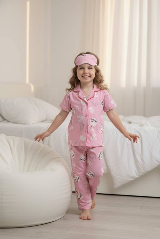 29000-16 Tavşan love Yazılı Baskılı Kız Çocuk Penye Kısa Kol Düğmeli Bandanalı Pijama Takım-TOZ PEMBE