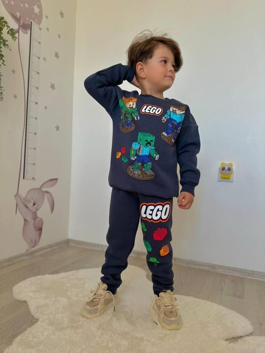 2916 Lego Baskılı Erkek Çocuk Üç İplik Şardonlu Takım-FÜME