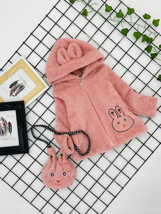 300-2 Tavşan Nakışlı Kız Çocuk Çantalı Polar Hırka-PEMBE