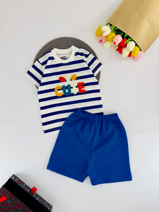 3003-3 Cute Yazılı Çizgili Erkek Çocuk Şortlu Takım-SAKS MAVİ