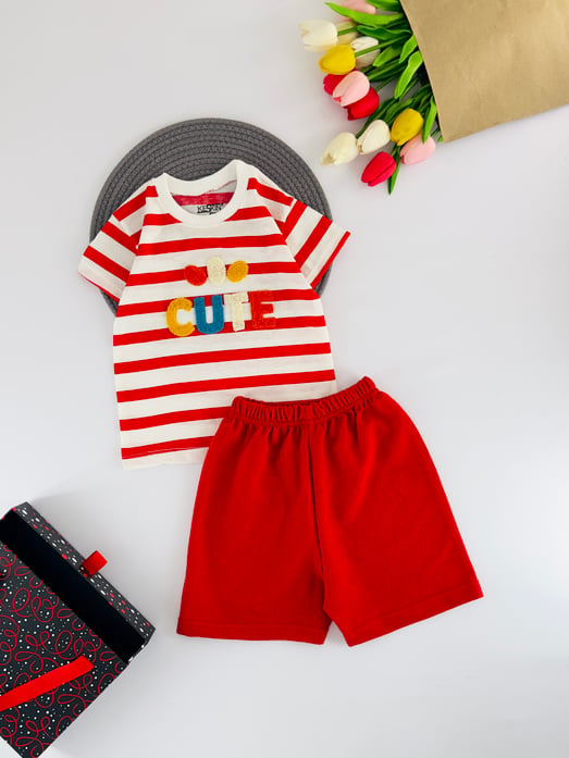 3003-3 Cute Yazılı Çizgili Erkek Çocuk Şortlu Takım-KIRMIZI