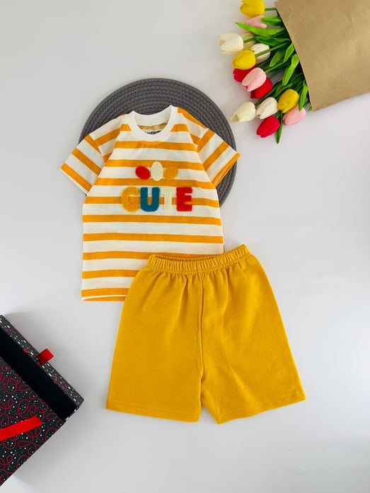3003-3 Cute Yazılı Çizgili Erkek Çocuk Şortlu Takım-SARI