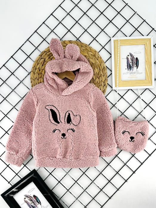 3010-1 Tavşan Nakışlı Çantalı Kız Çocuk Polar Sweat-GÜL KURUSU