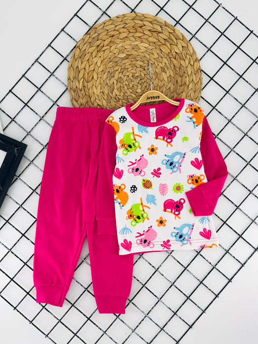 3011-2 Çiçek Baskılı Penye Kumaş Kız Çocuk Pijama Takım-FUŞYA