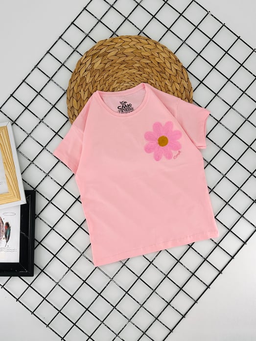 30110 Papatya Nakışlı Kız Çocuk Penye Tişört-PEMBE