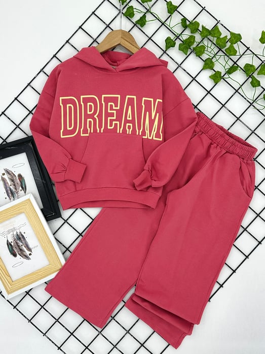 3084 Dream Baskılı Kız Çocuk Takım-GÜL KURUSU