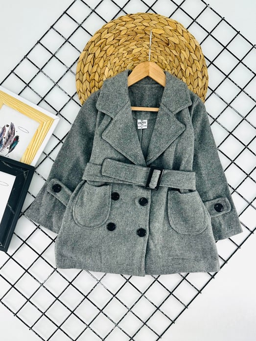 3086-1 Düğmeli Kuşaklı Erkek Çocuk Kaşe Kaban-FÜME