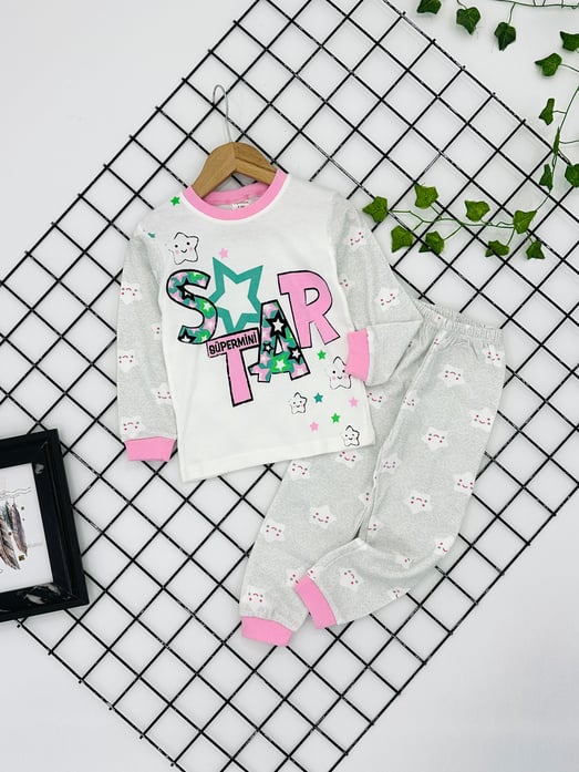 3095 Star Baskılı Kız Çocuk Penye Pijama Takım-PEMBE