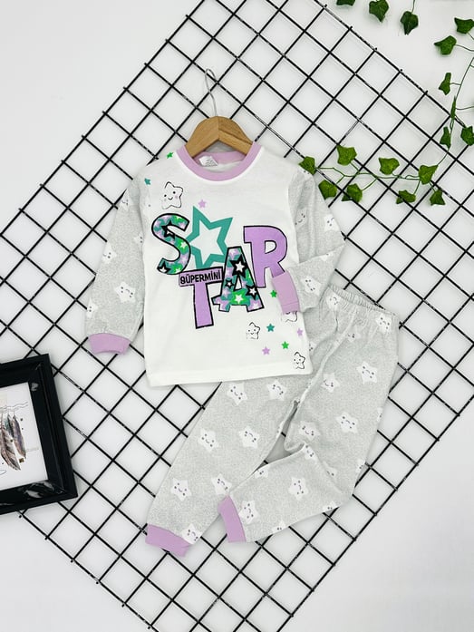 3095 Star Baskılı Kız Çocuk Penye Pijama Takım-LİLA