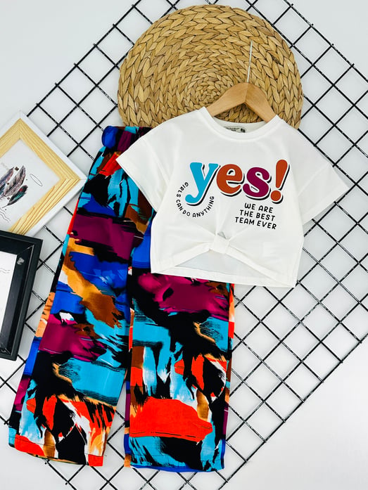 3098 Yes Yazılı Baskılı Kız Çocuk Takım-BEYAZ