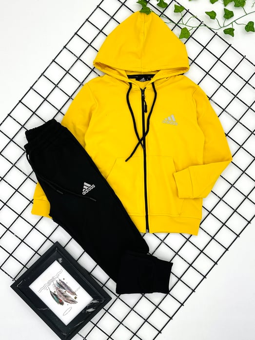 310-3 Yazı  Baskılı Unisex Dalgıç Kumaş Eşofman Takımı-SARI