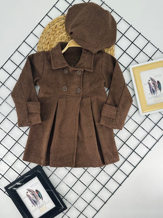 3116 Düğmeli Şapkalı Kız Çocuk Kaşe Kaban-KAHVE