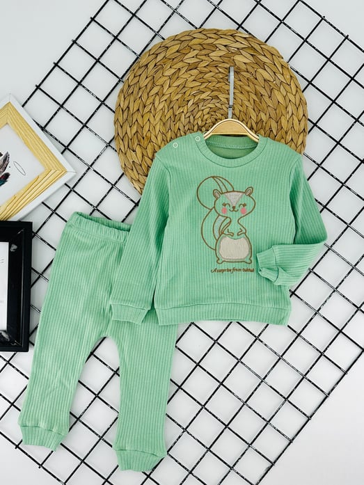 32252 Sincap Nakışlı Kız Bebek Fitilli Kumaş Takım-YEŞİL