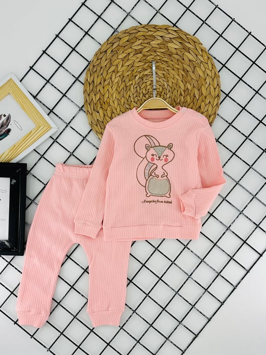 32252 Sincap Nakışlı Kız Bebek Fitilli Kumaş Takım-PUDRA