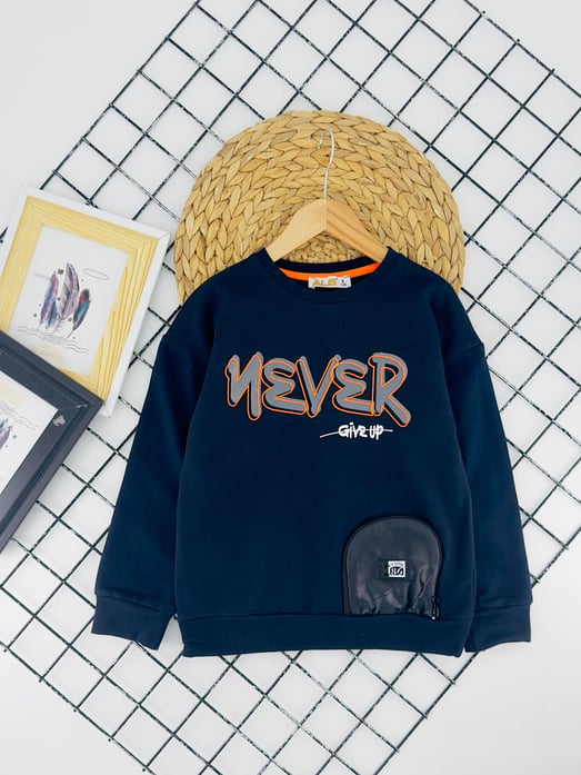 324430 Never Nakışlı İki İplik Şardonlu Erkek Çocuk Penye Sweat-LACİVERT