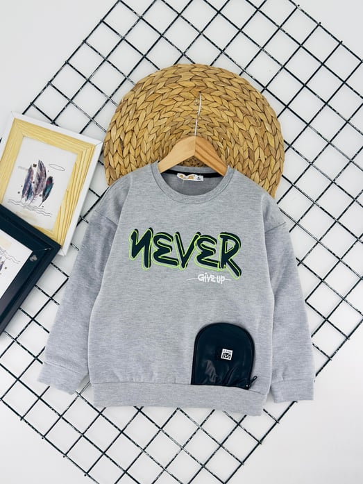 324430 Never Nakışlı İki İplik Şardonlu Erkek Çocuk Penye Sweat-GRİ
