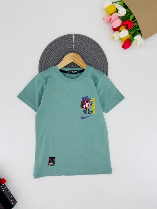 3300-3 Sungebob Yazılı Baskılı Erkek Çocuk Penye Tişört 1234-YEŞİL