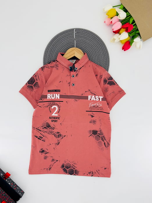 3300-30 Run Yazılı Polo Yaka Erkek Çocuk Penye Çocuk Tişört 7010-GÜL KURUSU