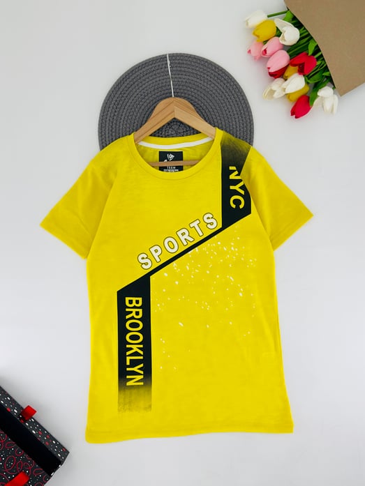 3300-44 Sports Yazılı Baskılı Erkek Çocuk Penye Tişört 3010-SARI
