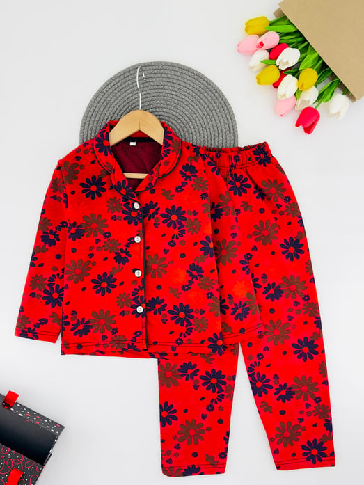 3333-4 Çiçek Baskılı Yakalı Düğmeli Kız Çocuk Penye Pijama Takım-KIRMIZI
