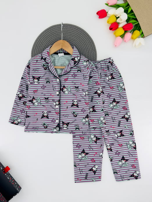3333 Çizgili Krm Baskılı Yakalı Düğmeli Kız Çocuk Penye Pijama Takım-YEŞİL