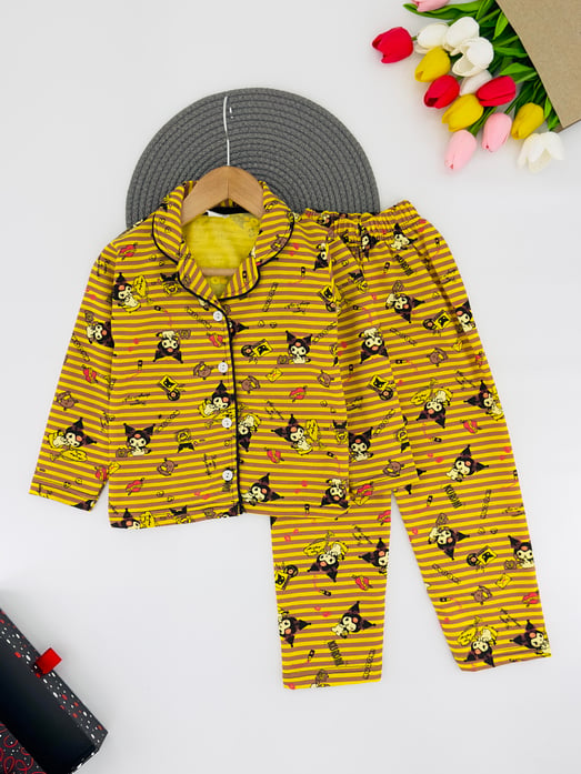 3333 Çizgili Krm Baskılı Yakalı Düğmeli Kız Çocuk Penye Pijama Takım-SARI