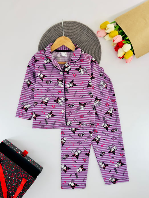 3333 Çizgili Krm Baskılı Yakalı Düğmeli Kız Çocuk Penye Pijama Takım-LİLA