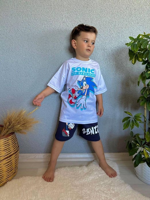3434 Sonic Baskılı Yazılı Erkek Çocuk Penye Şortlu Takım-BEYAZ